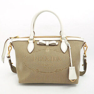 Prada Logo Jacquard 2Way Handbag beige white canvas leather